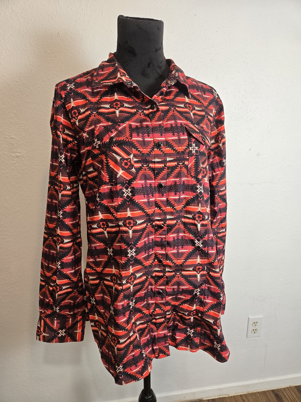 Red Geometric Button-Up Western Aztec Print Xl